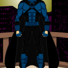 Muscular superhero in blue suit with star emblem and cape poses confidently.