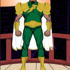 Muscular superhero in green and yellow suit with lightning bolt symbol, against sunset city backdrop