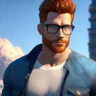 Character with Red Beard in Blue and Gold Armor on Cityscape Background