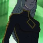 Stylized female character in black and gold bodysuit on green-lit background