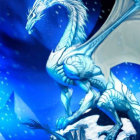 Majestic blue dragon with intricate scales against blue sky