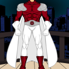 Muscular superhero in red, white, and gold suit in cityscape at night