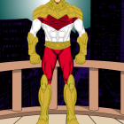 Muscular superhero in red, gold, and white costume against city skyline at night