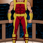 Muscular superhero with star emblem in red and yellow suit against night cityscape