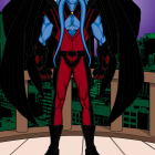 Superhero with black wings in blue suit and red star emblem, cityscape backdrop