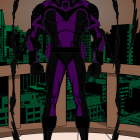 Futuristic superhero character in purple and black suit with spider logo in digital art