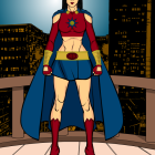 Confident Wonder Woman in Costume with Cape in City Skyline Dusk Illustration