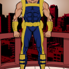 Muscular superhero in blue suit with star emblem and cape against cityscape.