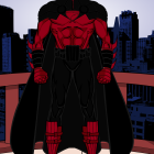 Superhero in red and blue suit with gold belt and star emblem against city skyline