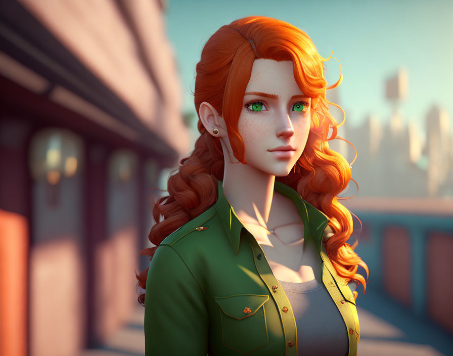 Red-haired female character with freckles in green jacket on cityscape backdrop