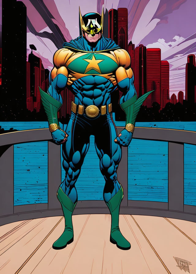 Muscular superhero in blue suit with star emblem, black mask, green gloves & boots standing confidently