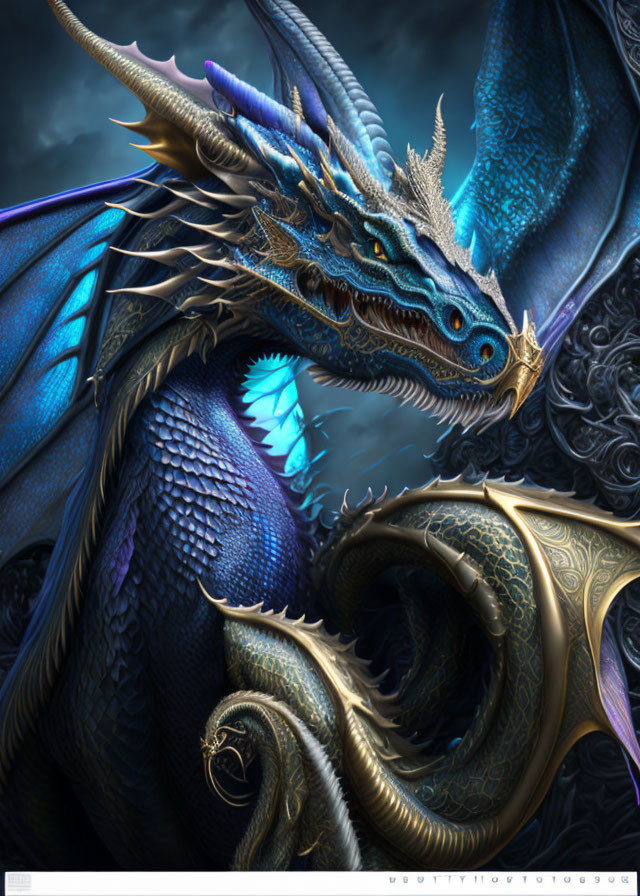 Detailed Illustration of Majestic Blue Dragon with Golden Eyes and Intricate Scales