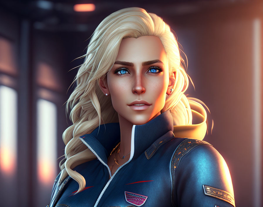 Blonde Woman in Futuristic Jacket on Industrial Background