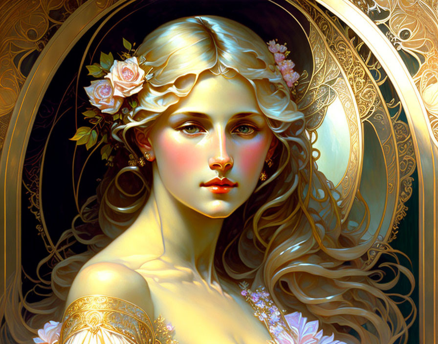 Detailed Digital Painting of Woman with Blonde Hair and Pink Roses Under Golden Ornate Arch