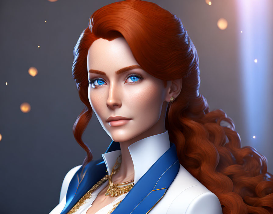 Woman with Red Hair and Blue Eyes in White Blouse and Blue Jacket with Gold Jewelry - 3