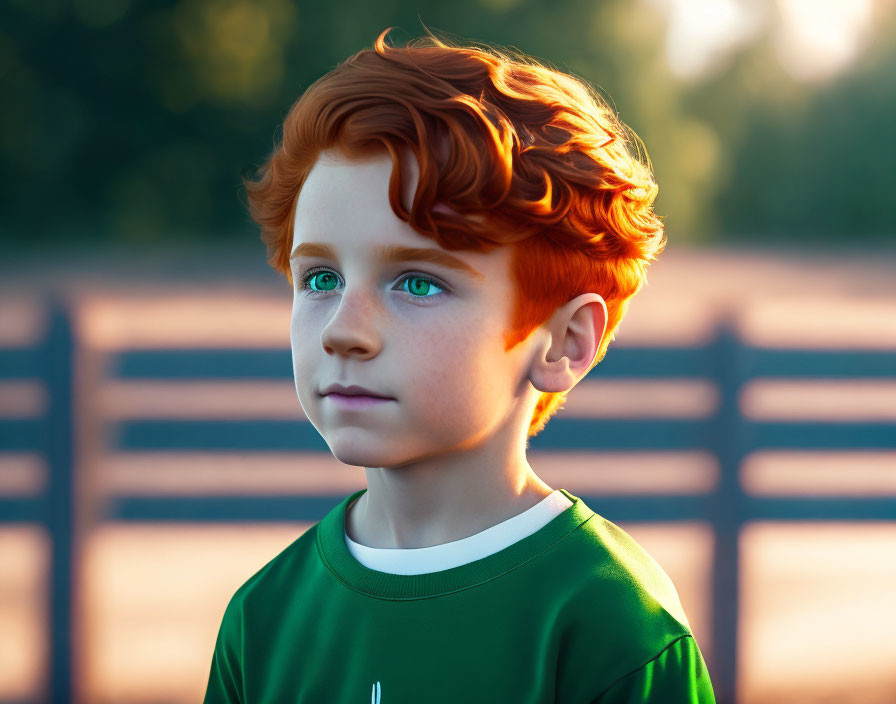 Red-haired boy in green shirt under sunset light