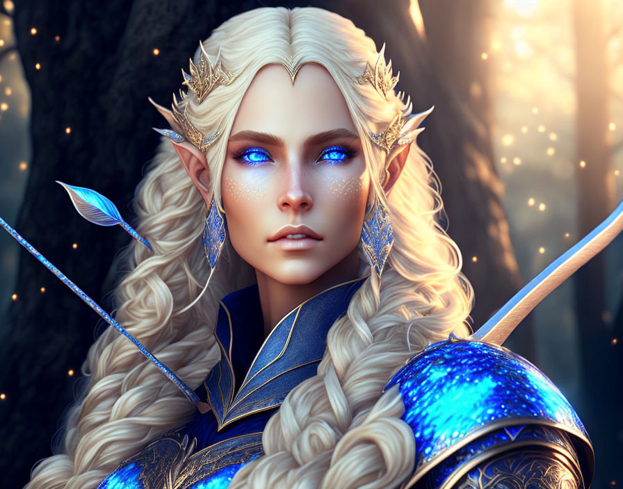 Elf in Blue Armor with Gold Headpiece in Sunlit Forest