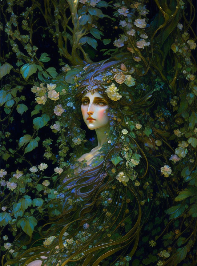 Ethereal female figure with dark hair in mystical forest setting