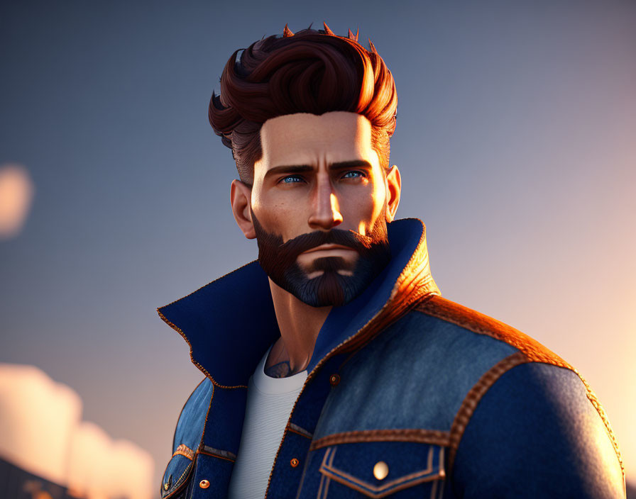 Digital artwork: Man with stylized beard, blue eyes, tattoos, denim jacket, against evening sky