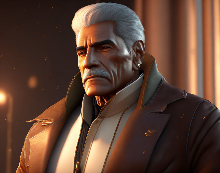 Mature man 3D rendering with white hair and brown jacket