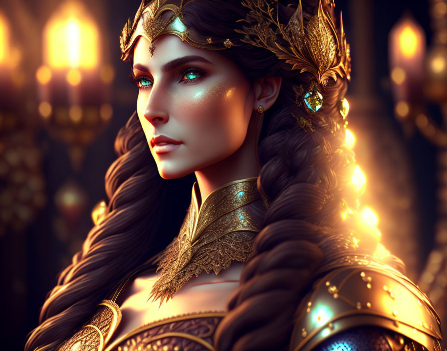 Regal woman with golden headpiece and armor in ornate setting