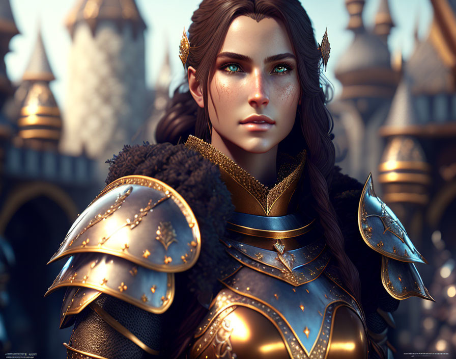 Fantasy female warrior digital artwork with golden armor and medieval castle.