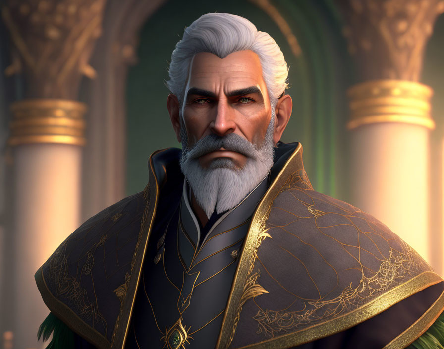 Elder man with white hair and regal attire in 3D render