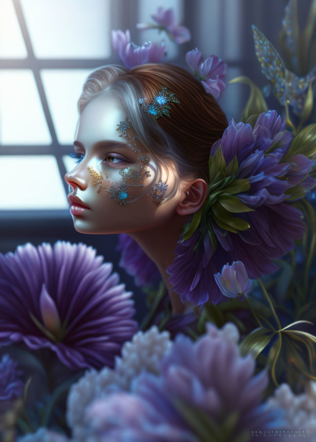 Digital artwork of woman with floral and gold face adornments and purple flowers, by window