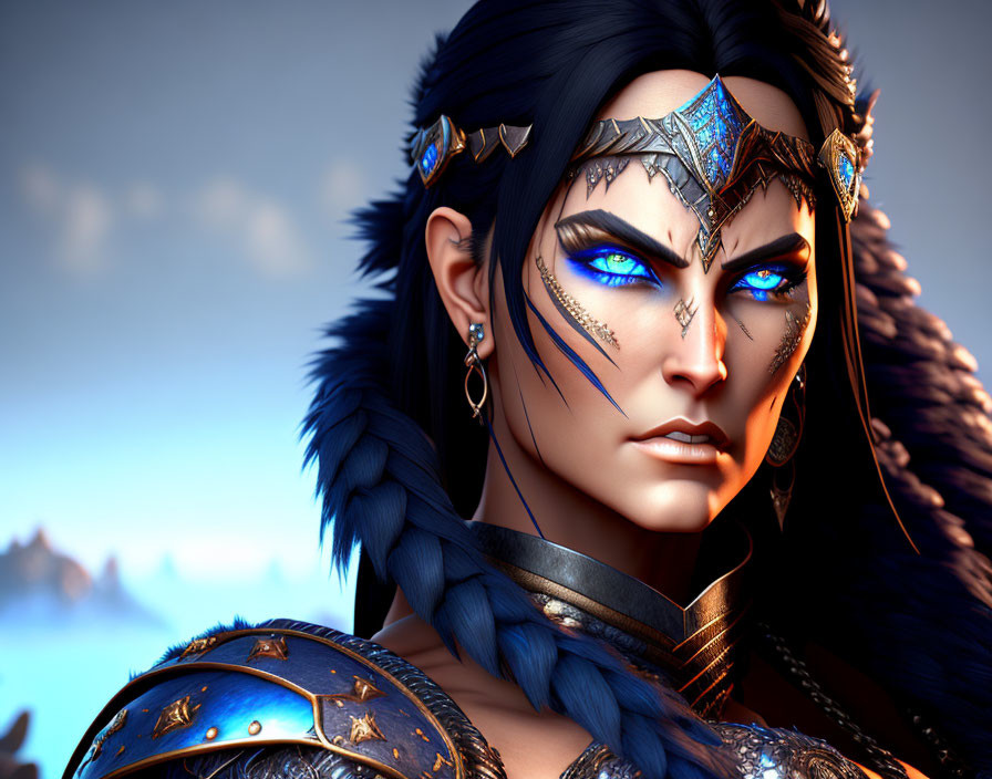 Female warrior digital artwork: blue-eyed, silver headpiece, facial markings, detailed armor, sky backdrop