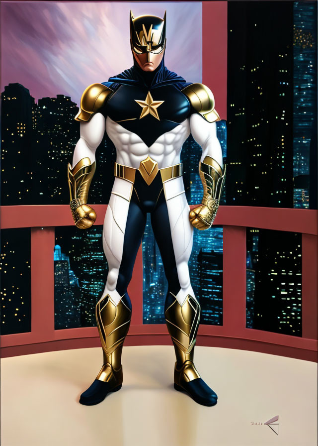 Superhero drawing in black and white costume with star emblem, gold gauntlets, boots, against