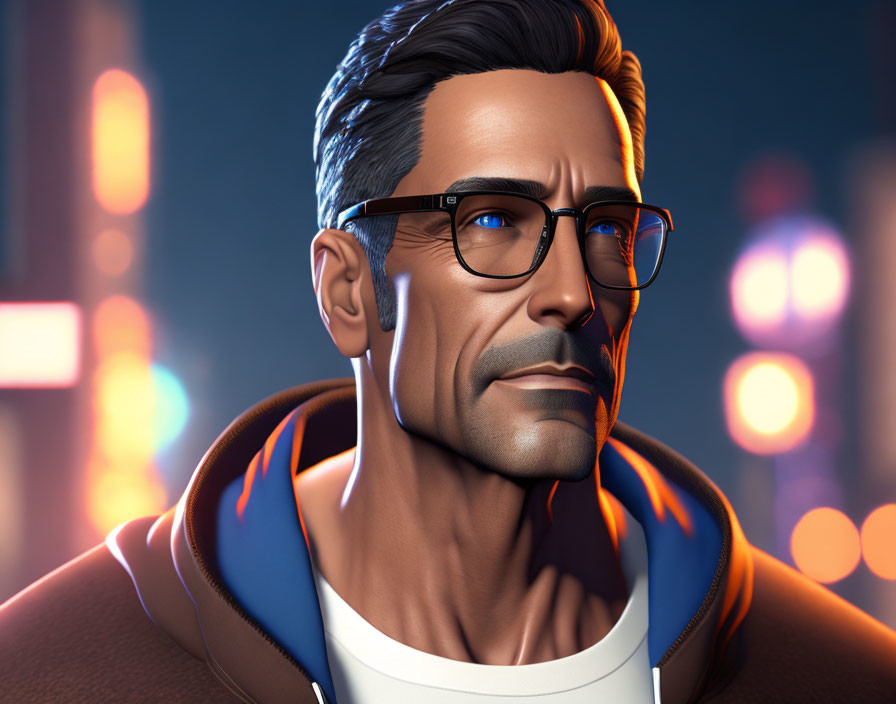 Stylized 3D illustration of a man with glasses and jacket