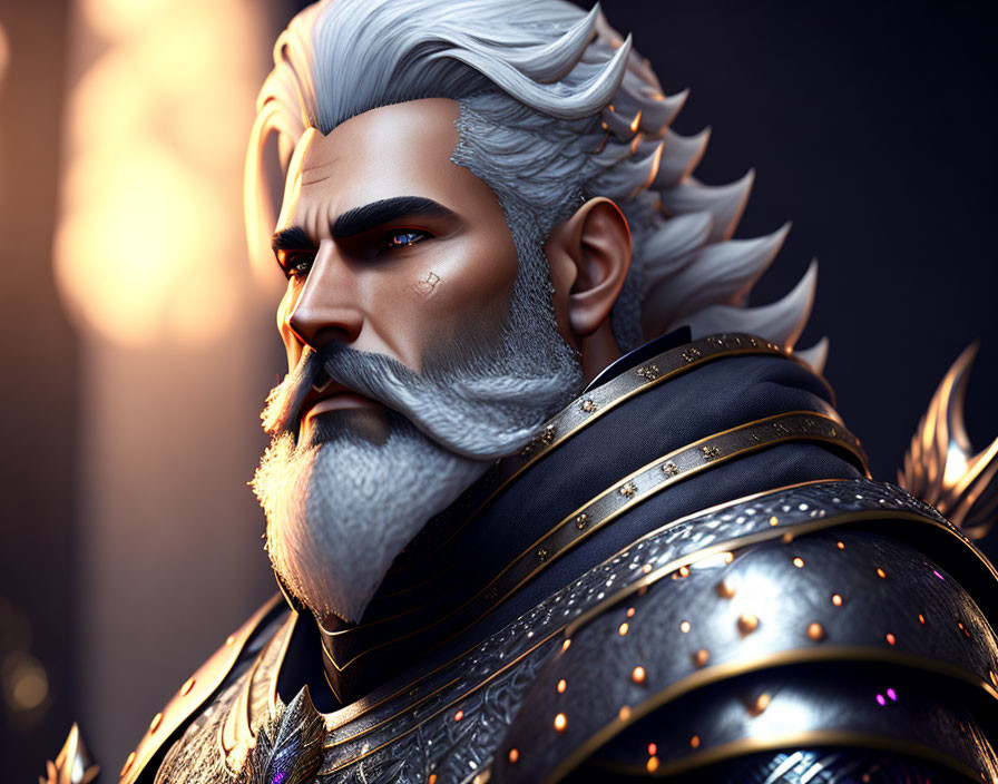 Detailed 3D-rendered male character in medieval armor with white hair and beard