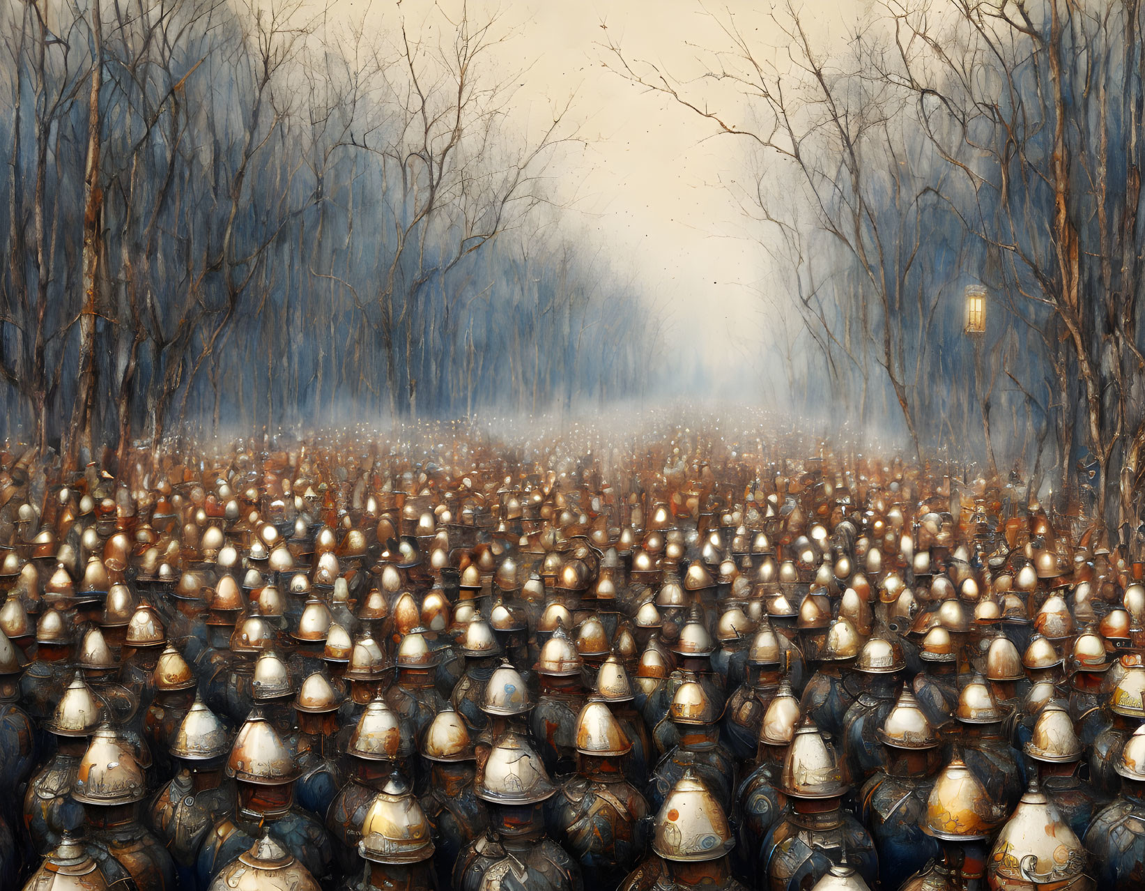 Misty forest scene with bare trees and ancient soldiers in bronze helmets