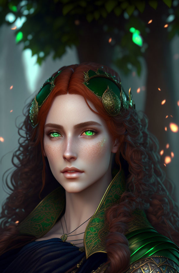 Vivid digital artwork of a woman with red hair and green eyes