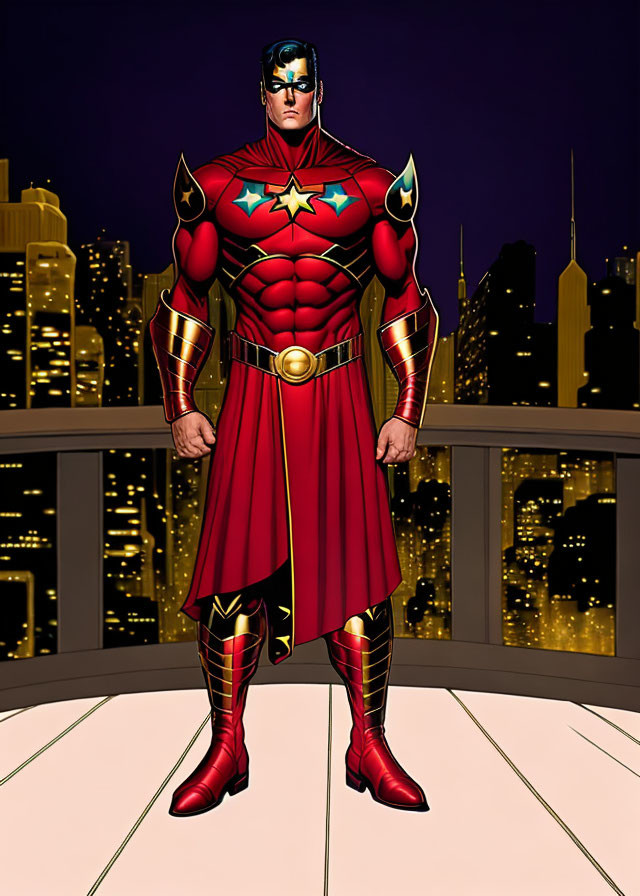 Muscular superhero in red and gold costume on rooftop at night.