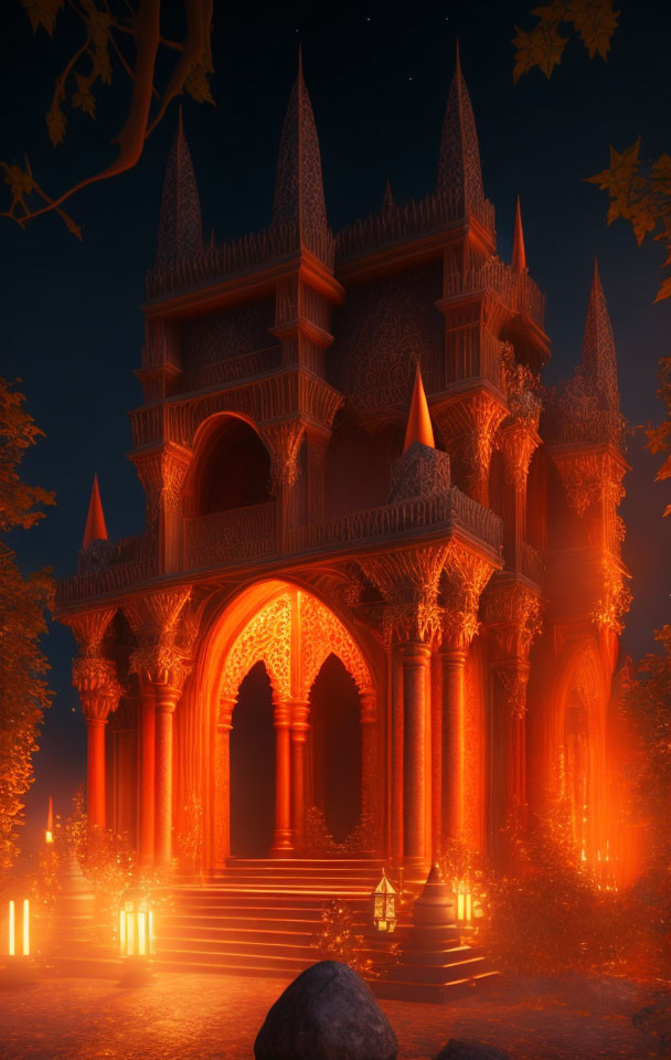 Gothic-style fantasy castle with orange light, candles, autumn leaves, and dark night sky