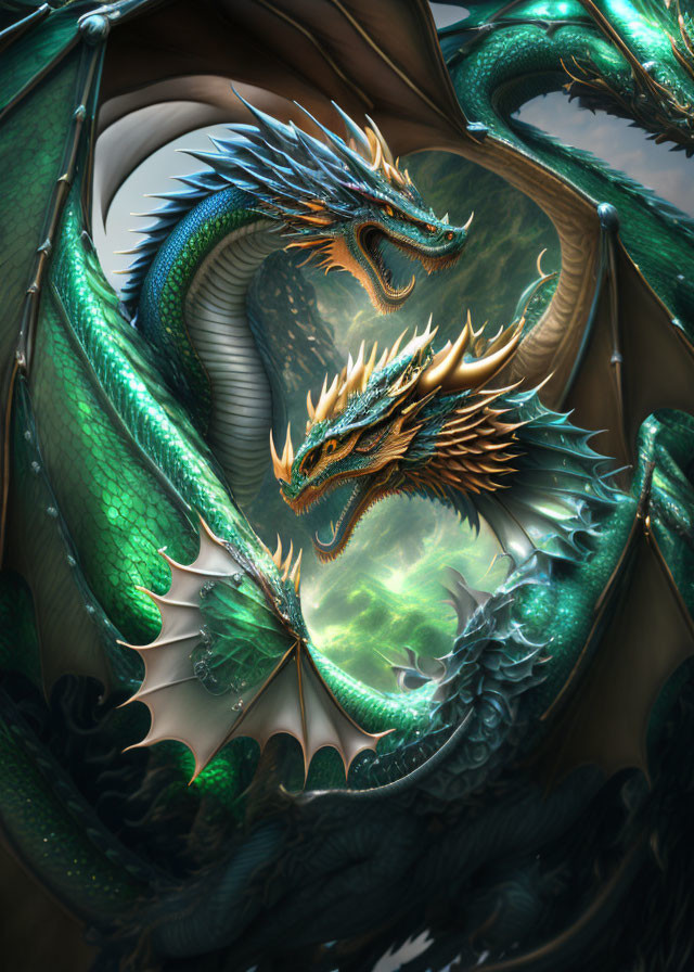 Green and Orange Intertwined Dragons on Mystical Background