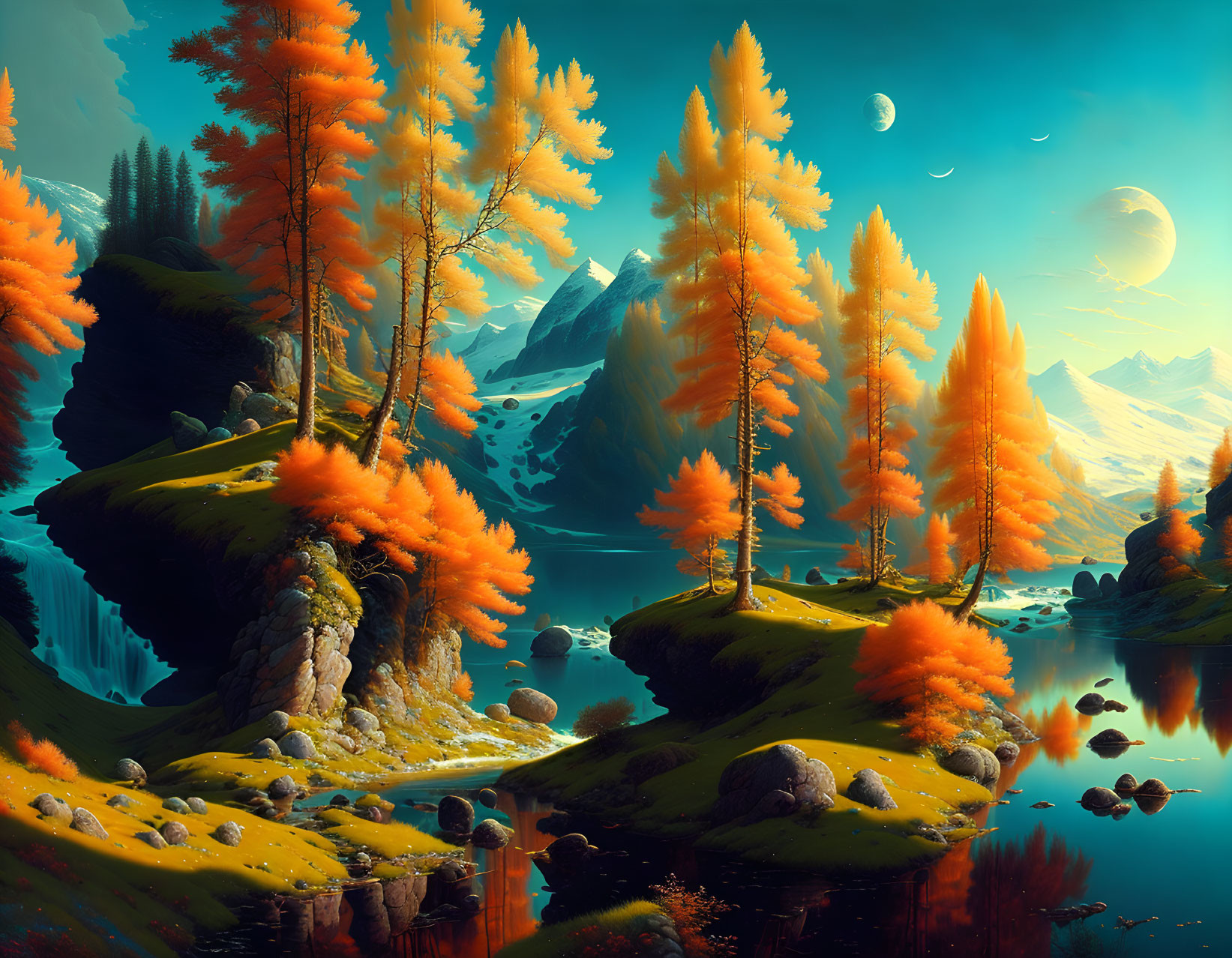 Digital art landscape: fiery orange trees, tranquil lake, waterfalls, distant mountains, two moons in