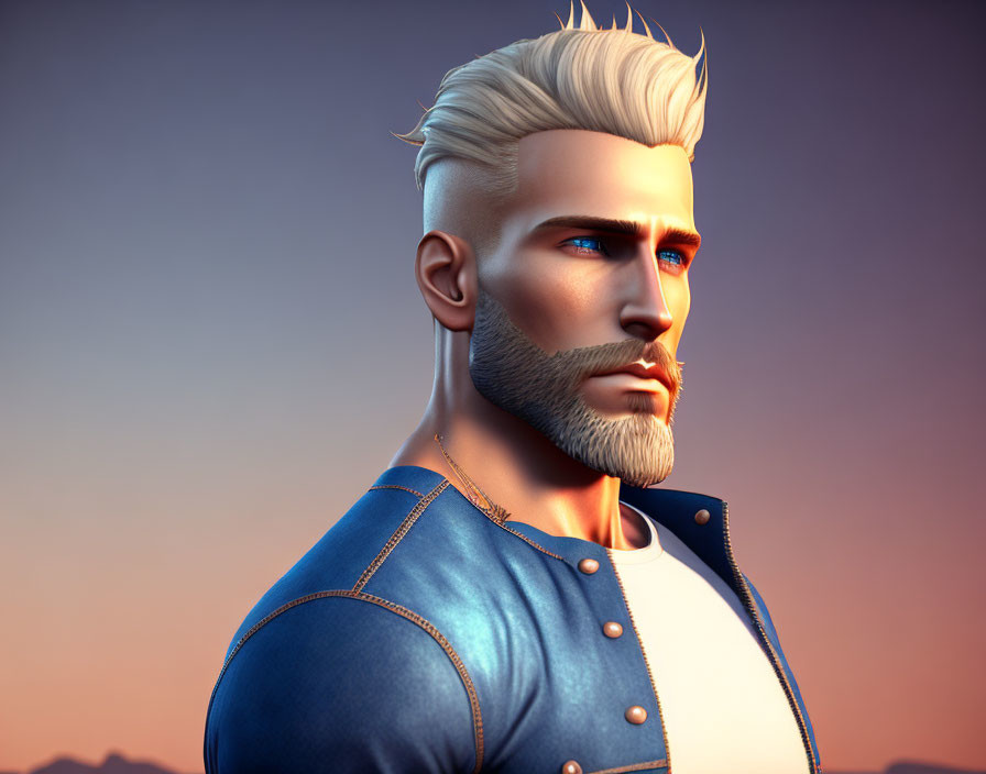 Stylish man with blond hair, beard, blue eyes in blue jacket against sunset