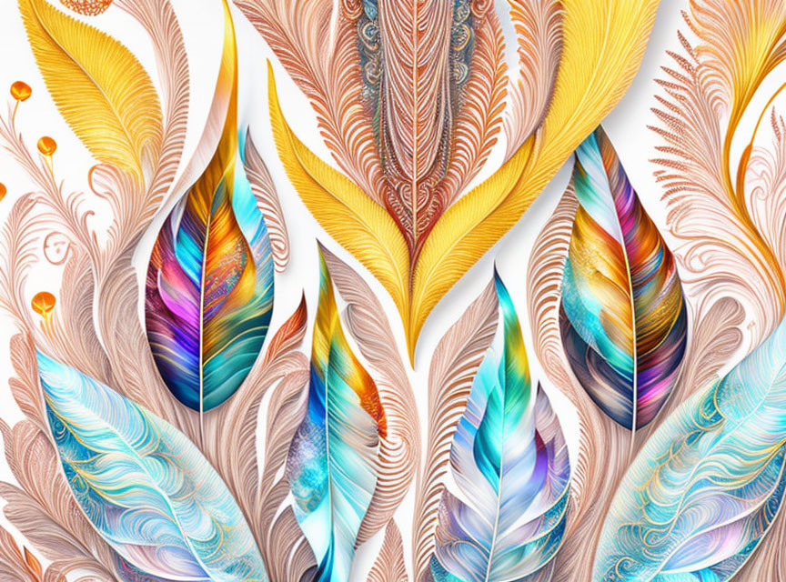 Vibrant and intricate feather patterns in colorful array