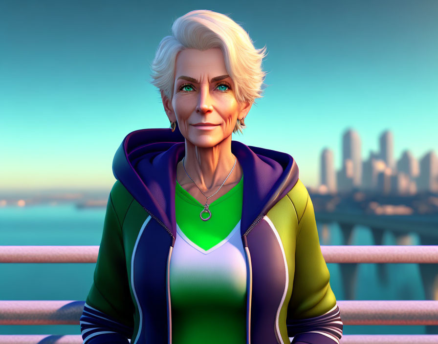 Stylized 3D illustration: Elderly woman in hoodie by cityscape