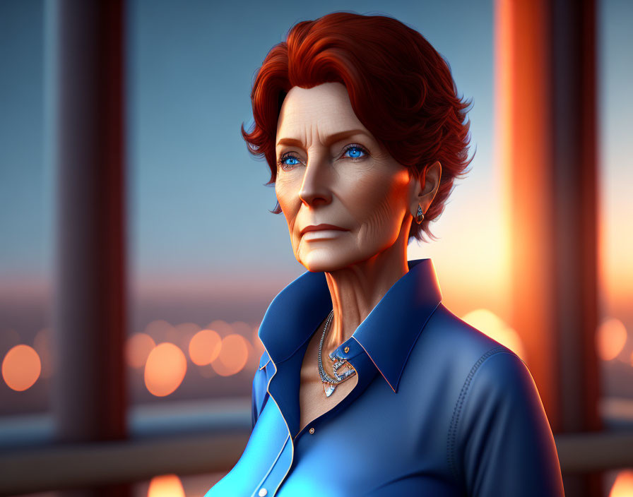 3D-rendered mature woman with red hair in blue shirt and necklace, against sunset.