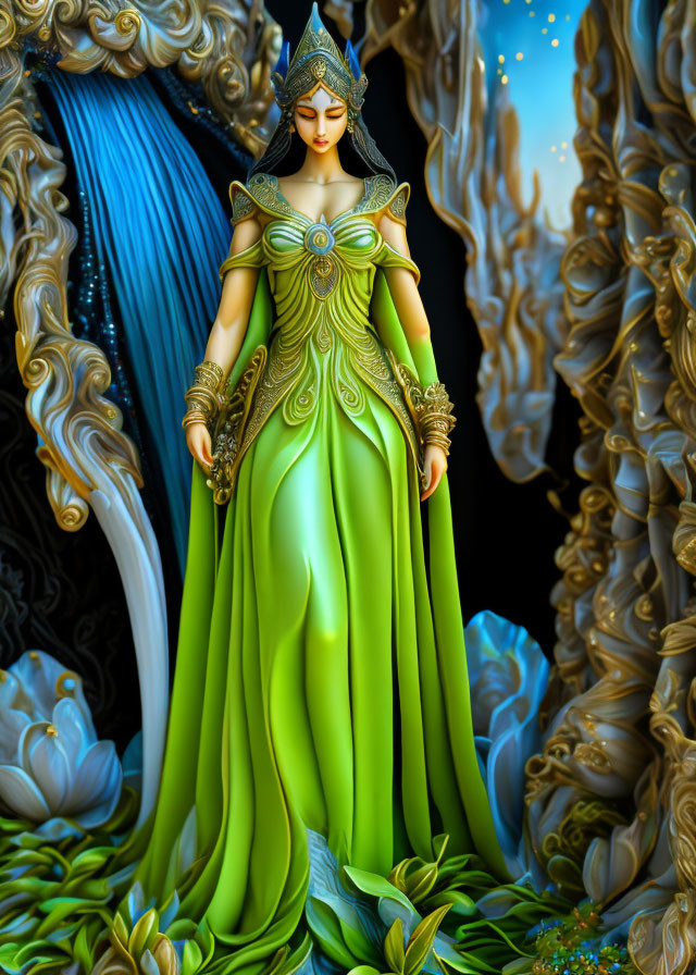 Detailed illustration of elegant mythical queen in green and gold gown with intricate headdress on fantasy backdrop