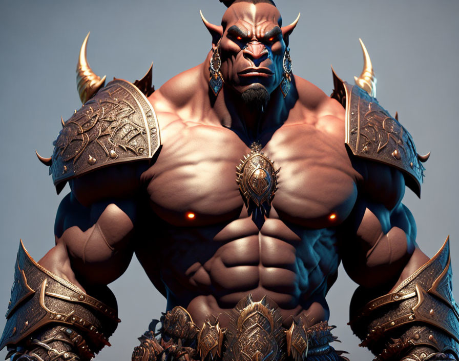 Muscular fantasy creature with blue skin, horns, red eyes, and ornate armor