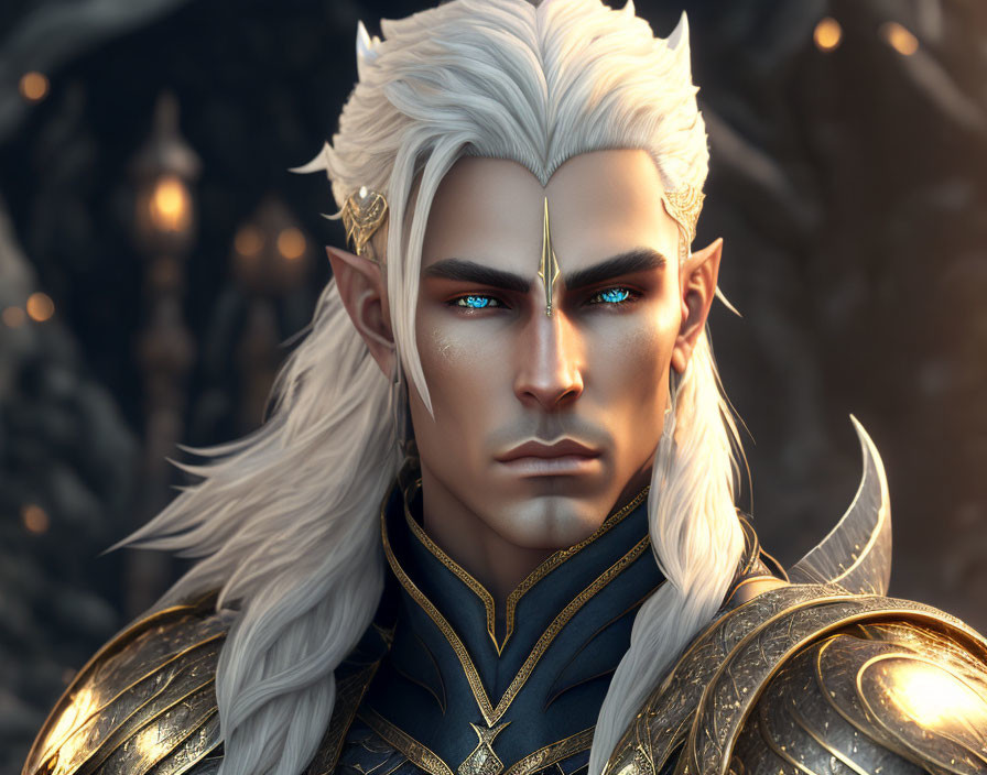 White-haired male elf in golden armor on dark background