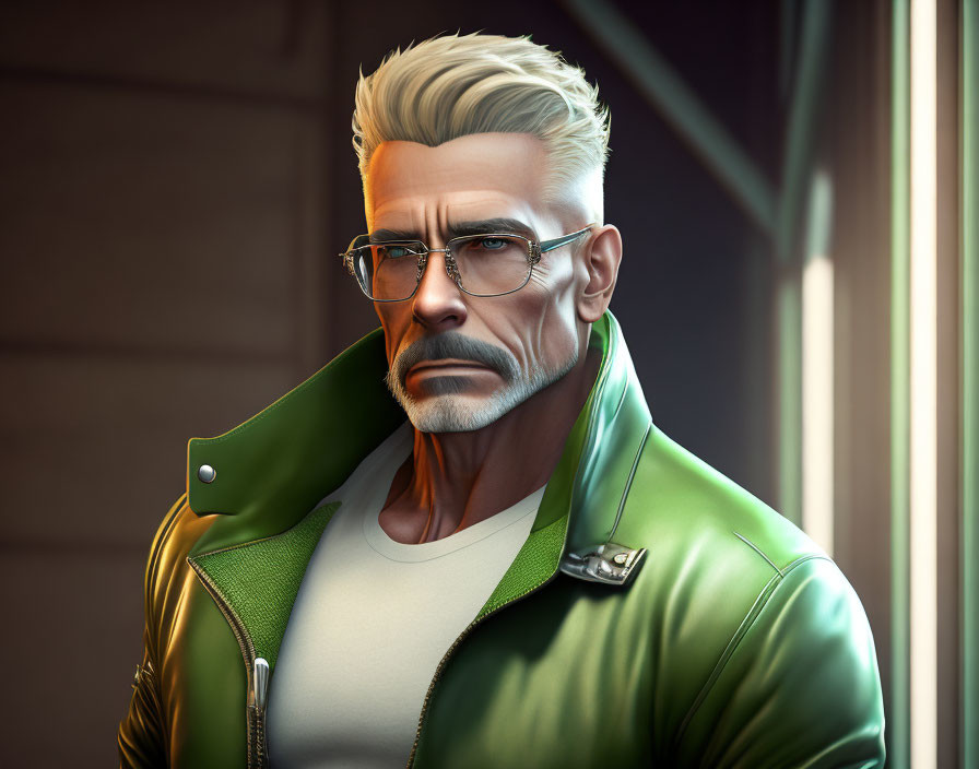 Gray-haired man in green leather jacket with glasses - stylish illustration