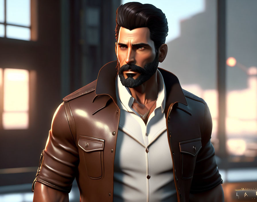 Bearded man in leather jacket on urban background.