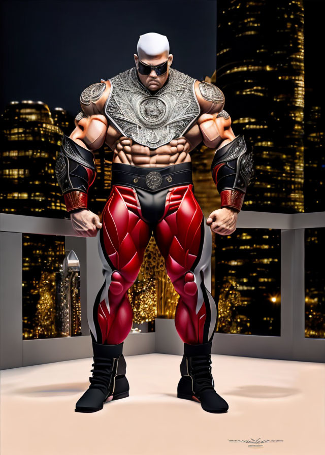 Muscular superhero with white goatee in red and silver costume stands in cityscape at night