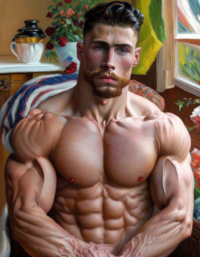 Muscular Man Portrait with Styled Beard and Intense Gaze