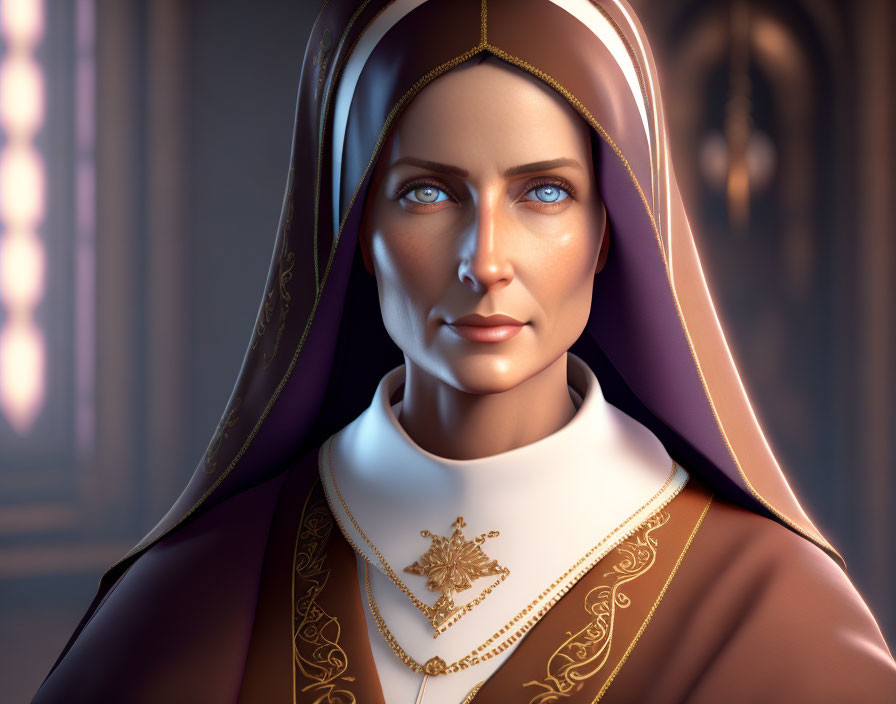 3D rendered portrait of a nun in blue eyes and golden embroidered habit.